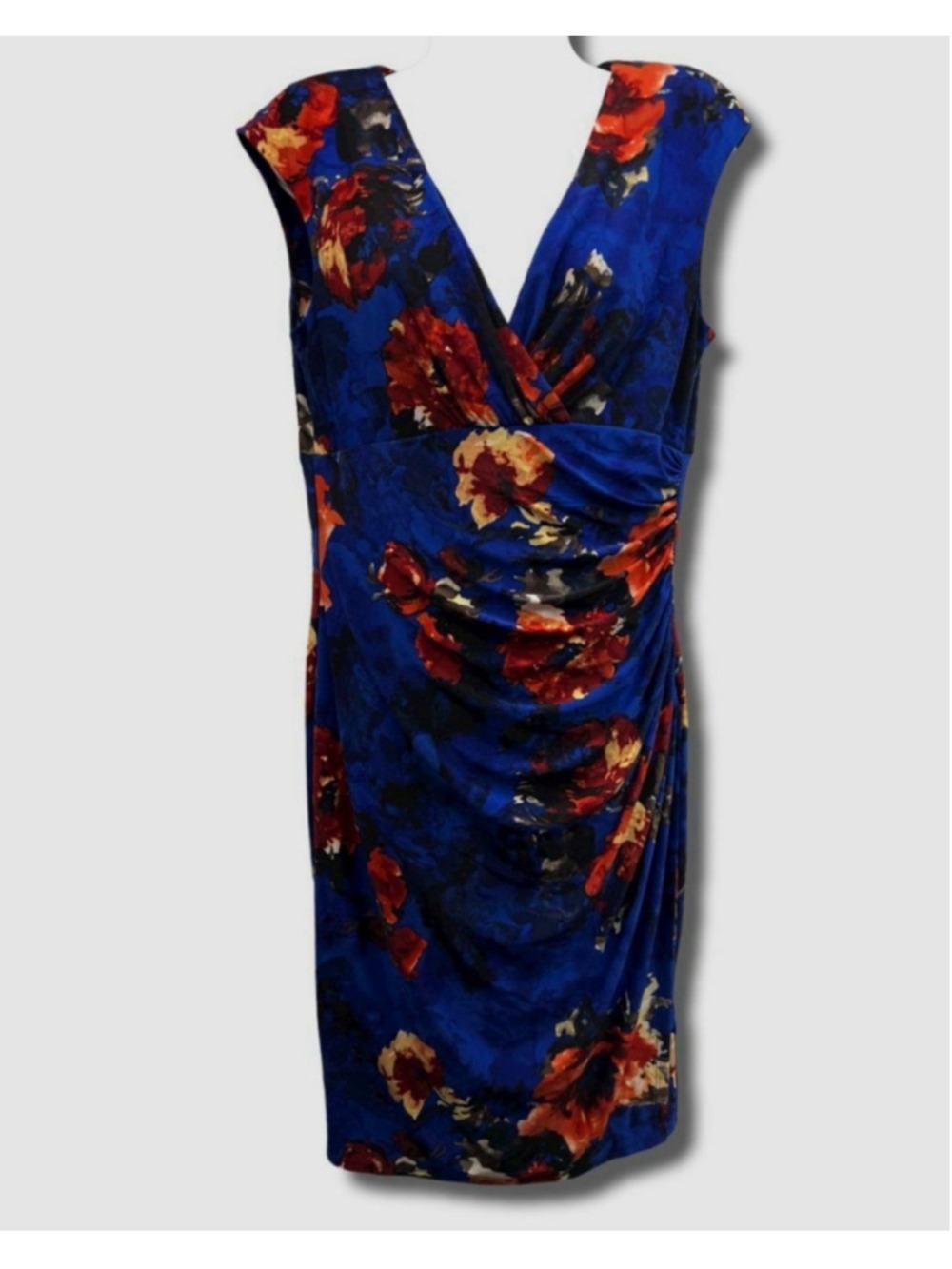 Lauren Ralph Lauren Floral Dress Blue Red Ruched Sheath Cocktail Quiet Luxury - Picture 2 of 12